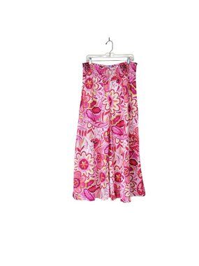 Cece Women's XL Floral Smocked Waist Wide Leg Pants Linen Blend Pink Multicolor